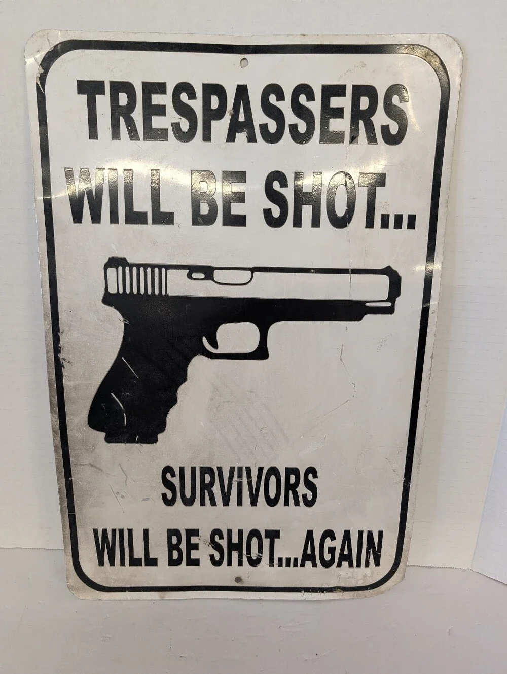 Vintage Metal Warning Sign - Black & White Rustic Farmhouse